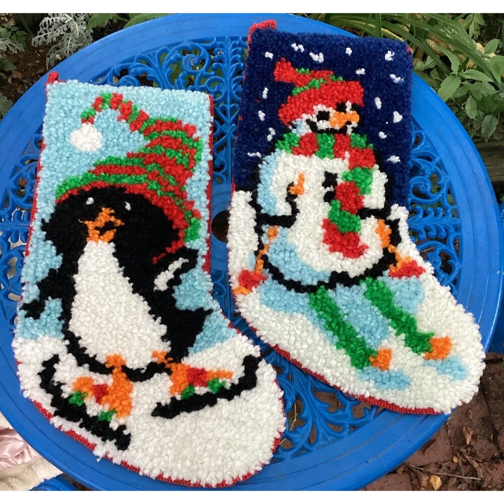 Handmade Latch Hook Rug Christmas Stockings Finished Snowman & Penguin Skiing